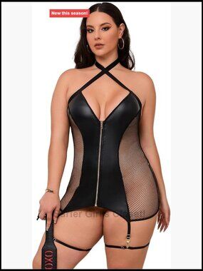 Plus Size Faux Leather Lingerie Set with Garter, Sheer Babydoll Bodycon Dress